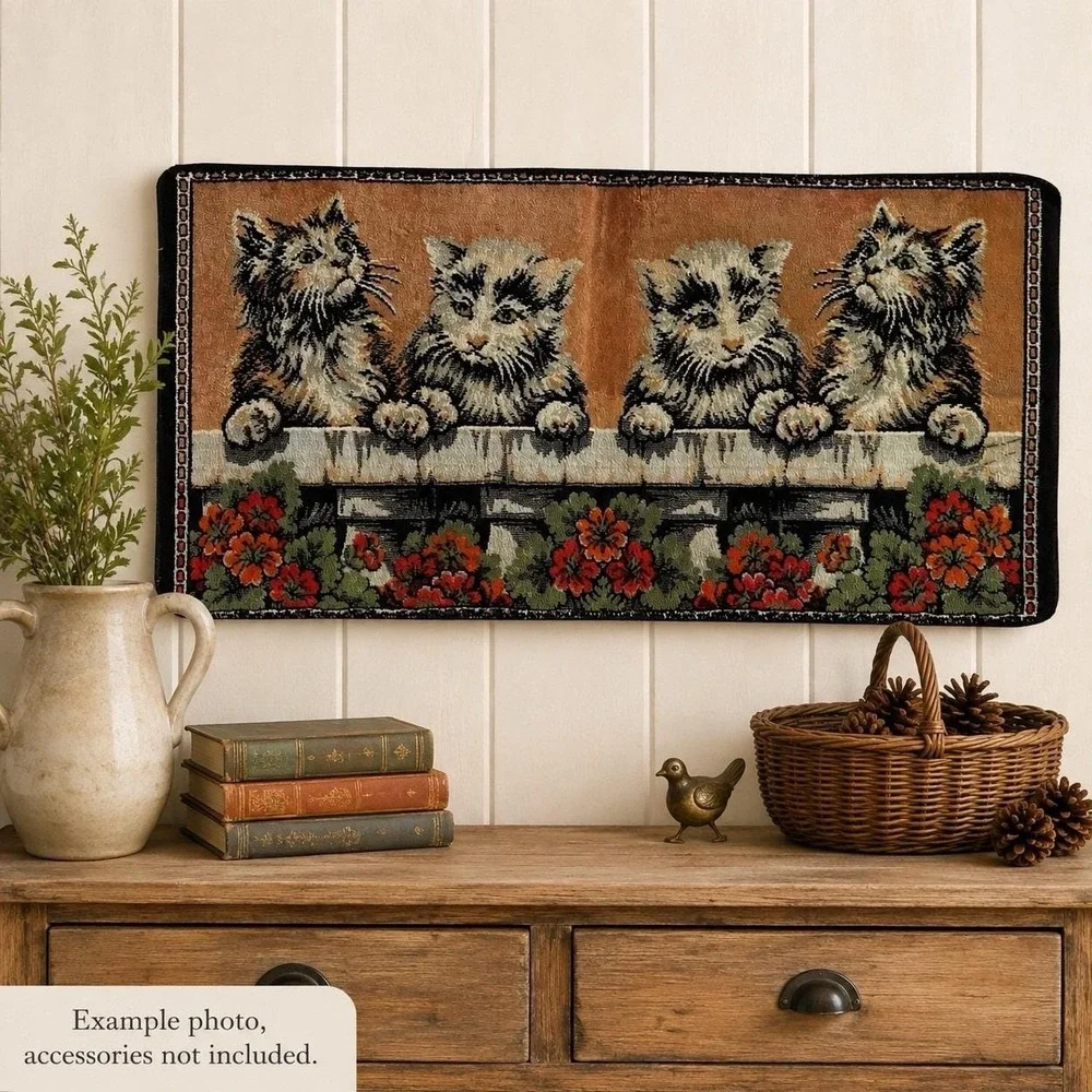 Vintage R&C Tapestry Rug Wall Art Made In Italy Cats At The Wall In Garden 38x19